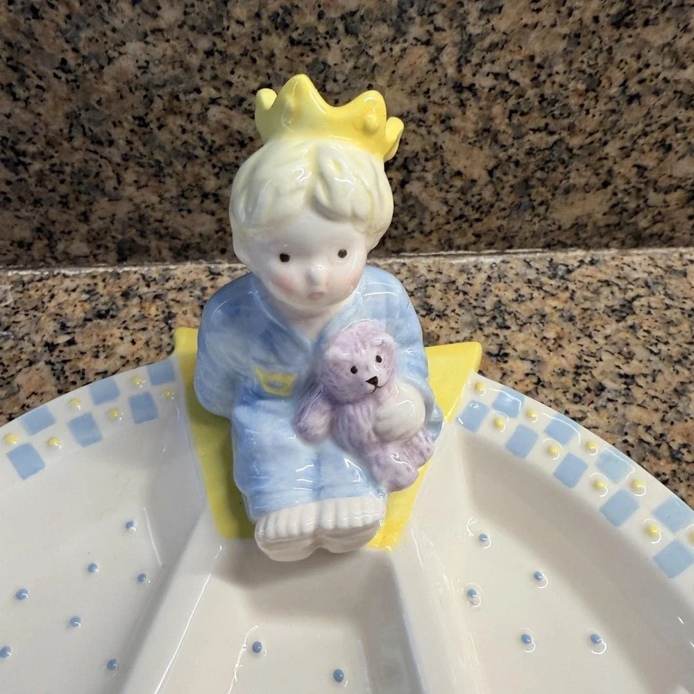 Vintage Mud Pie Prince White Ceramic Sectioned Toddler Plate Boy Figurine Baby